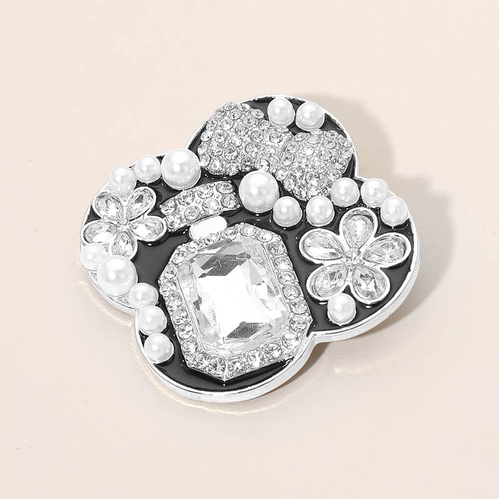 Floral Pearl Bow Embellished Pin Brooch