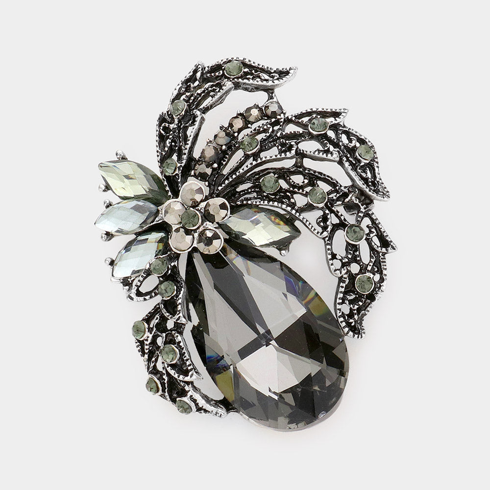 Teardrop Stone Accented Leaf Pin Brooch