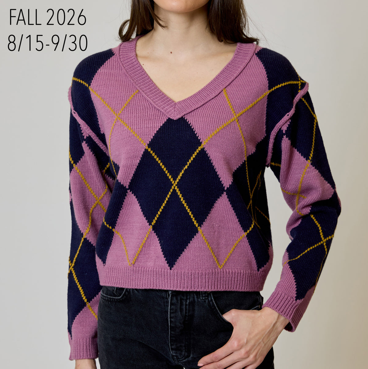 Argyle V-Neck Sweater in Heirloom Rose Combo