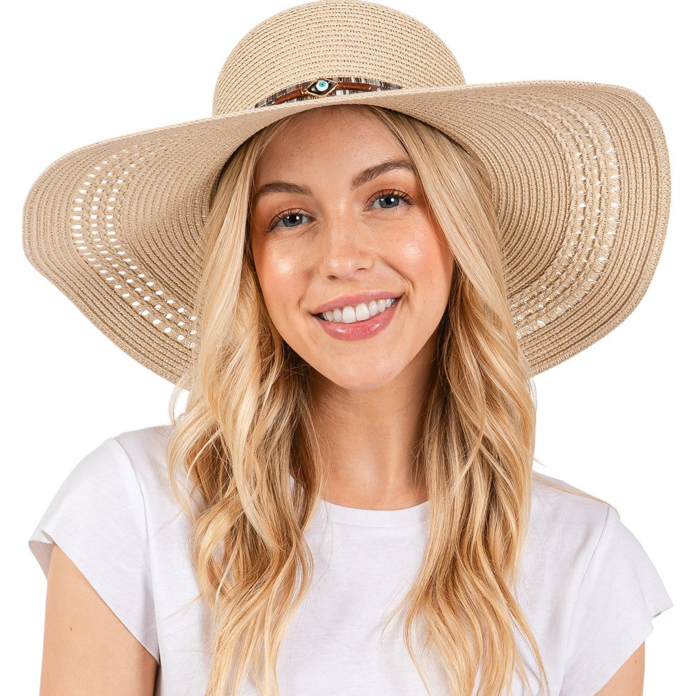 Wide Brim Straw Sun Hat with Evil Eye and Multi Design Band