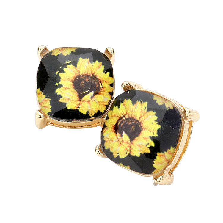 Sunflower Printed Square Stud Earrings