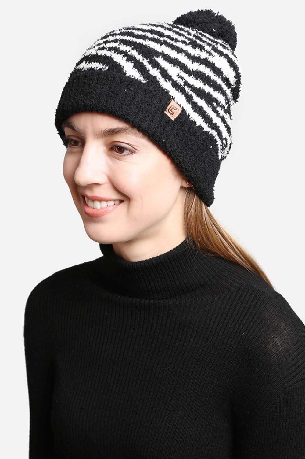 ZEBRA KNIT POM POM LINING BEANIE