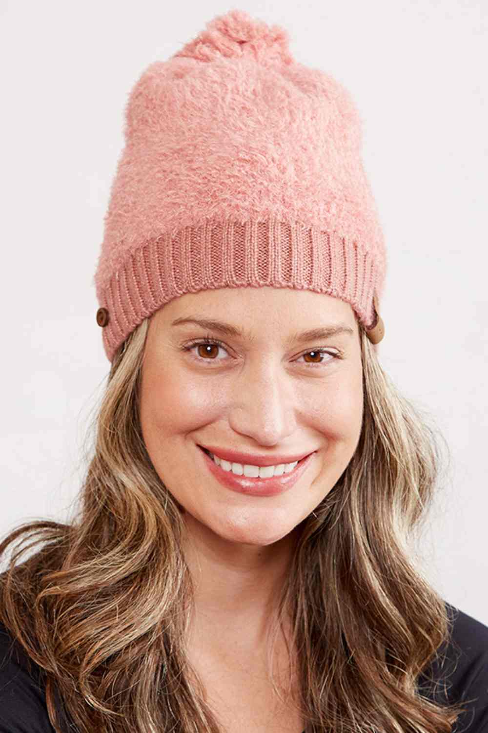 Furry Ribbed Brim Button Pom Hat