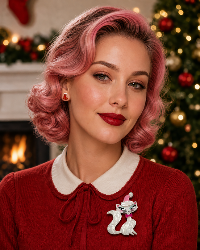 Swanky Pinkmas Kitty Brooch by Miss Fluff x Lipstick & Chrome — Pink Christmas Cat Pin