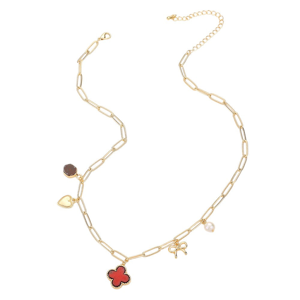 Quatrefoil Bow Heart Pearl Charm Station Paperclip Chain Necklace