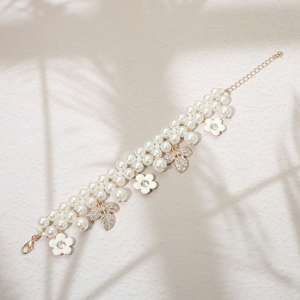 Rhinestone Pave Leaf Flower Charm Pearl Beaded Bracelet