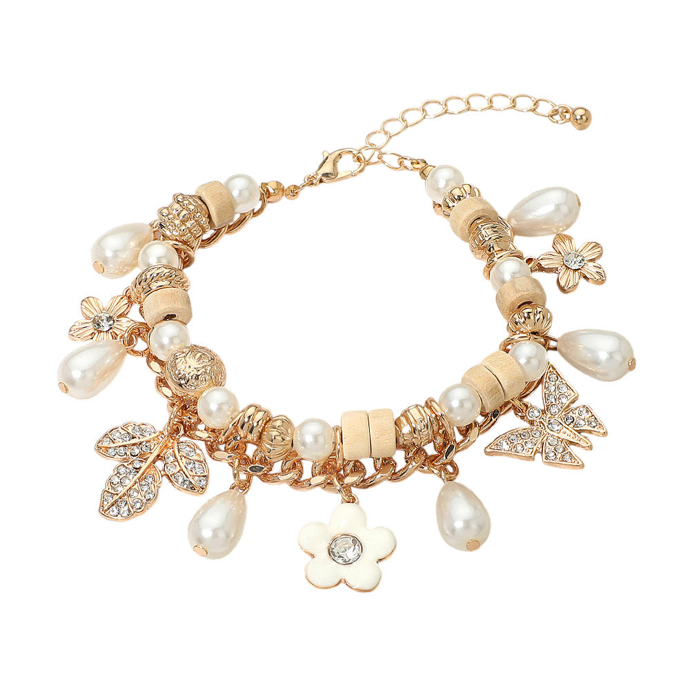 Rhinestone Pave Leaf Flower Pearl Charm Wooden Beaded Bracelet