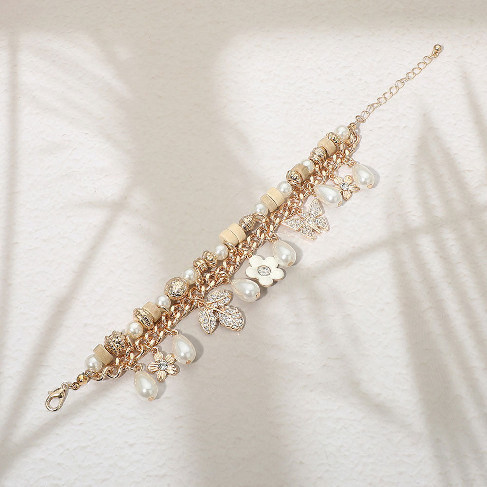 Rhinestone Pave Leaf Flower Pearl Charm Wooden Beaded Bracelet