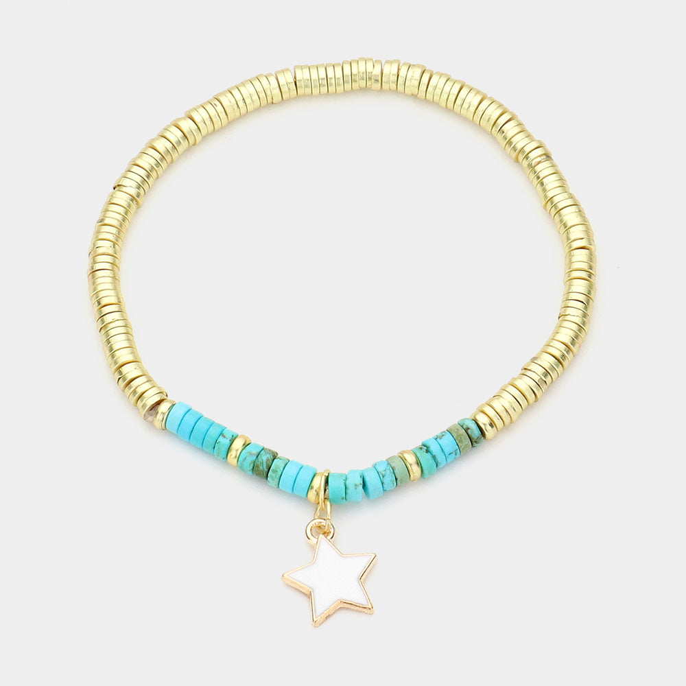 Enamel Star Charm Natural Stone Stretch Bracelet
