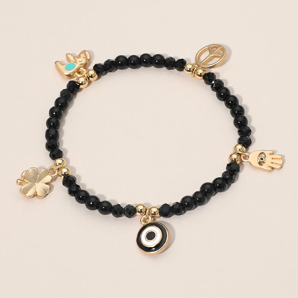 Evil Eye Clover Peace Elephant Hamsa Hand Charm Beaded Stretch Bracelet