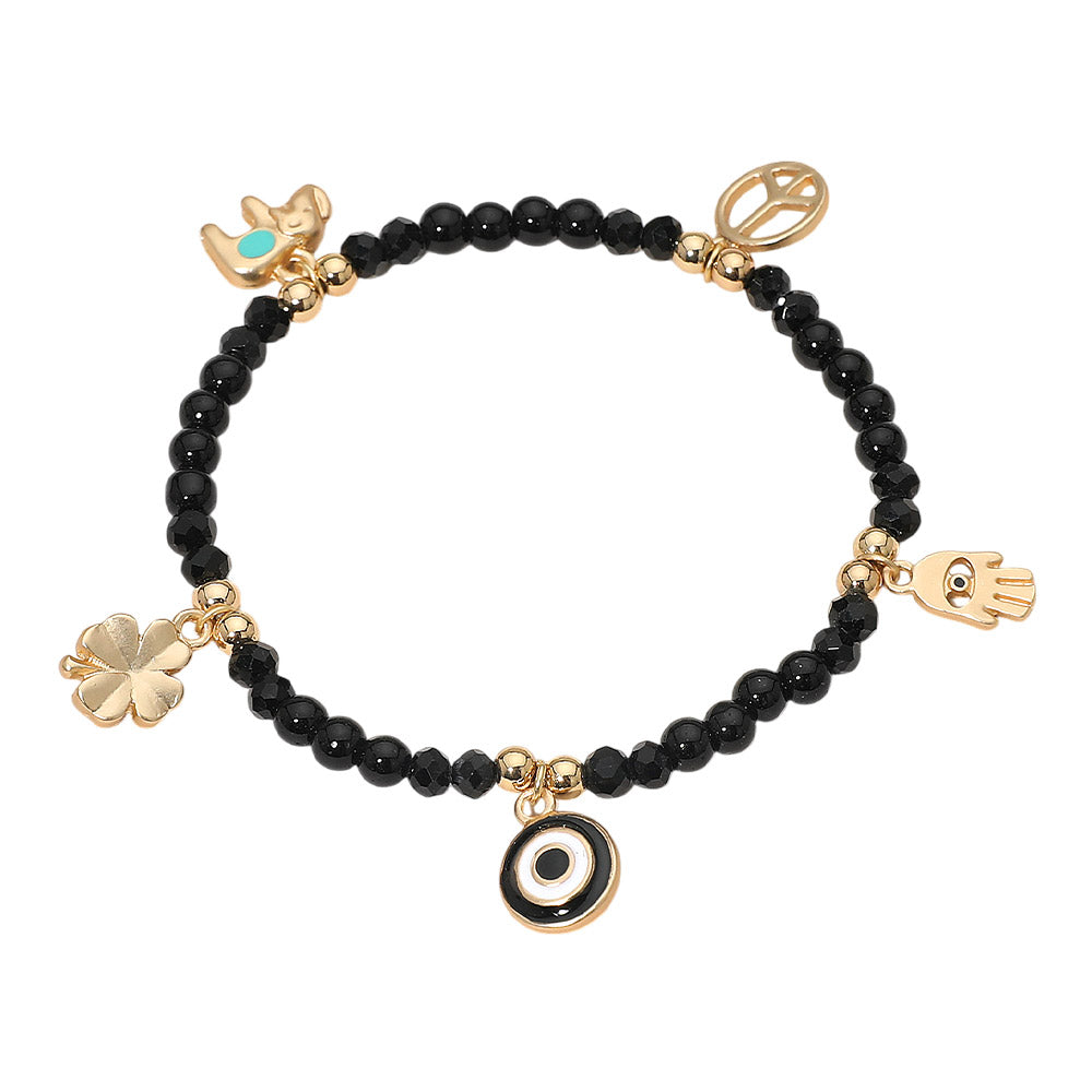 Evil Eye Clover Peace Elephant Hamsa Hand Charm Beaded Stretch Bracelet