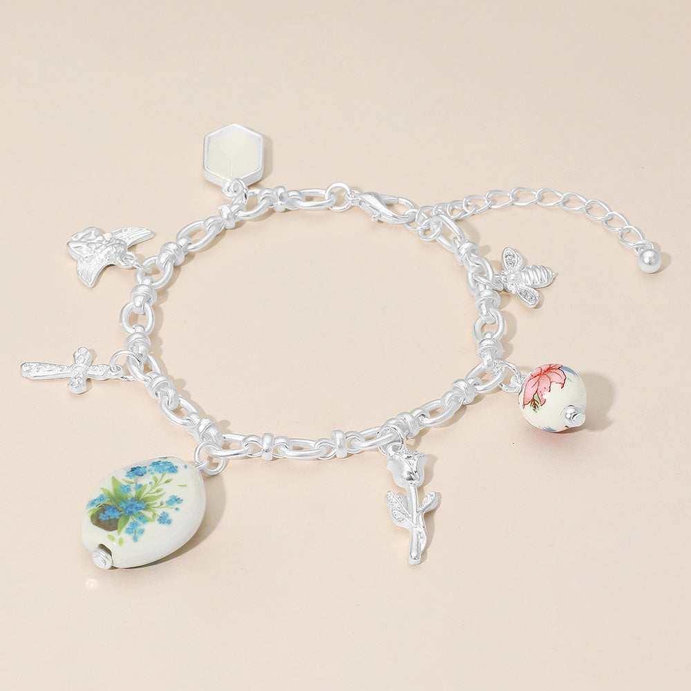 Vintage Floral Ceramic Charm Metal Angel Flower Stem Honey Bee Charm Station Bracelet