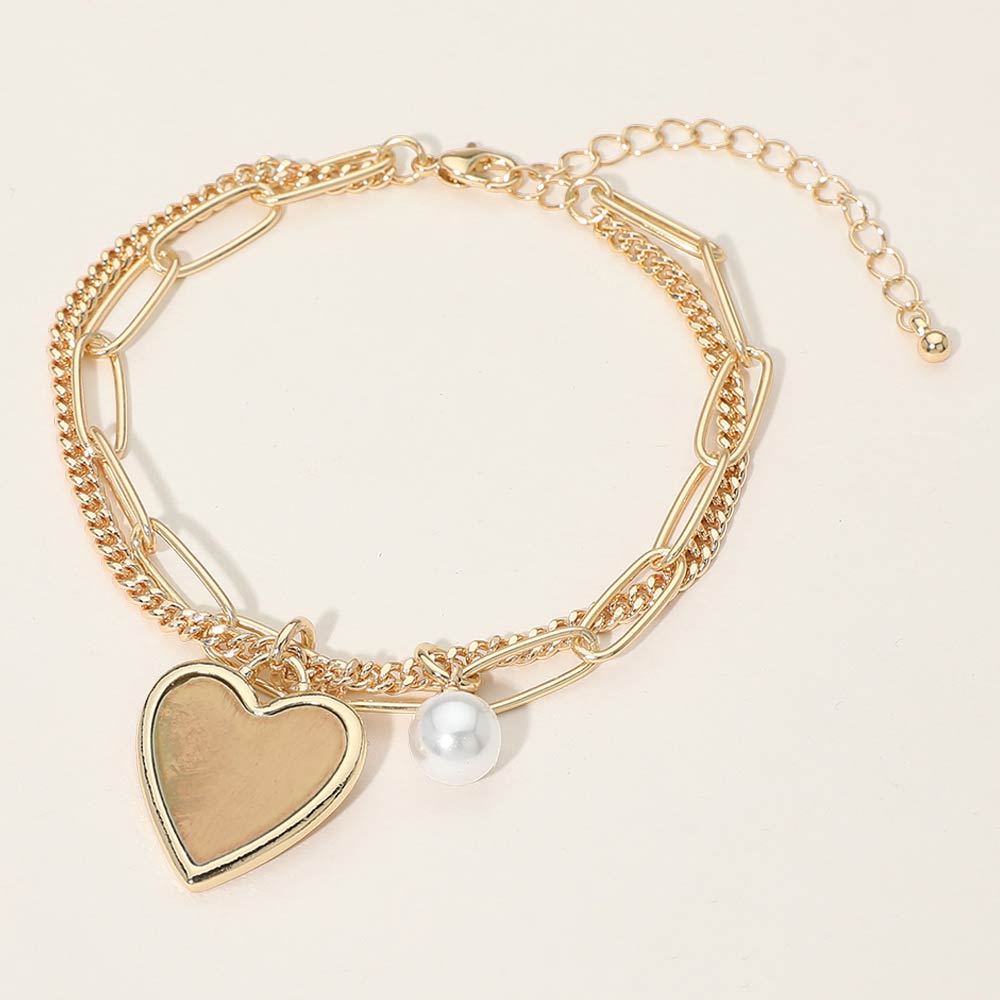 Heart Pearl Charm Paperclip Curb Layered Chain Bracelet