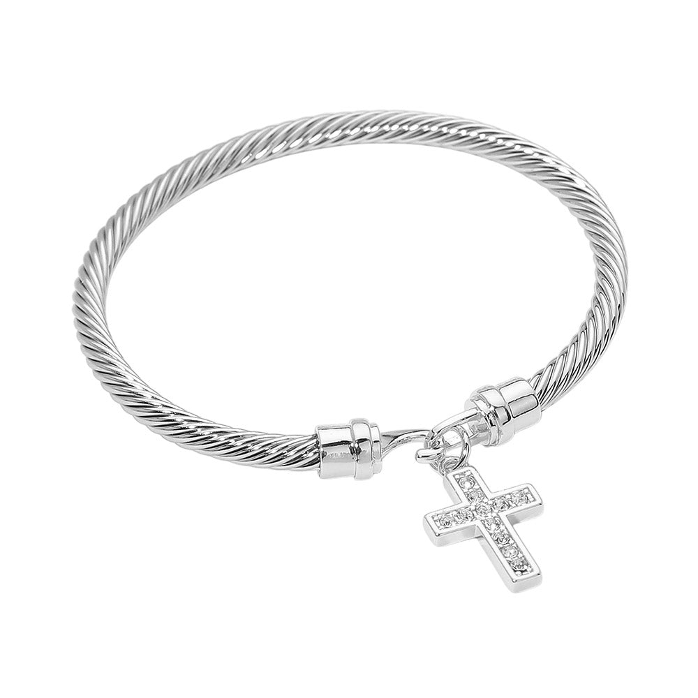 Rhodium Plated CZ Pave Cross Charm Cable Bangle Bracelet