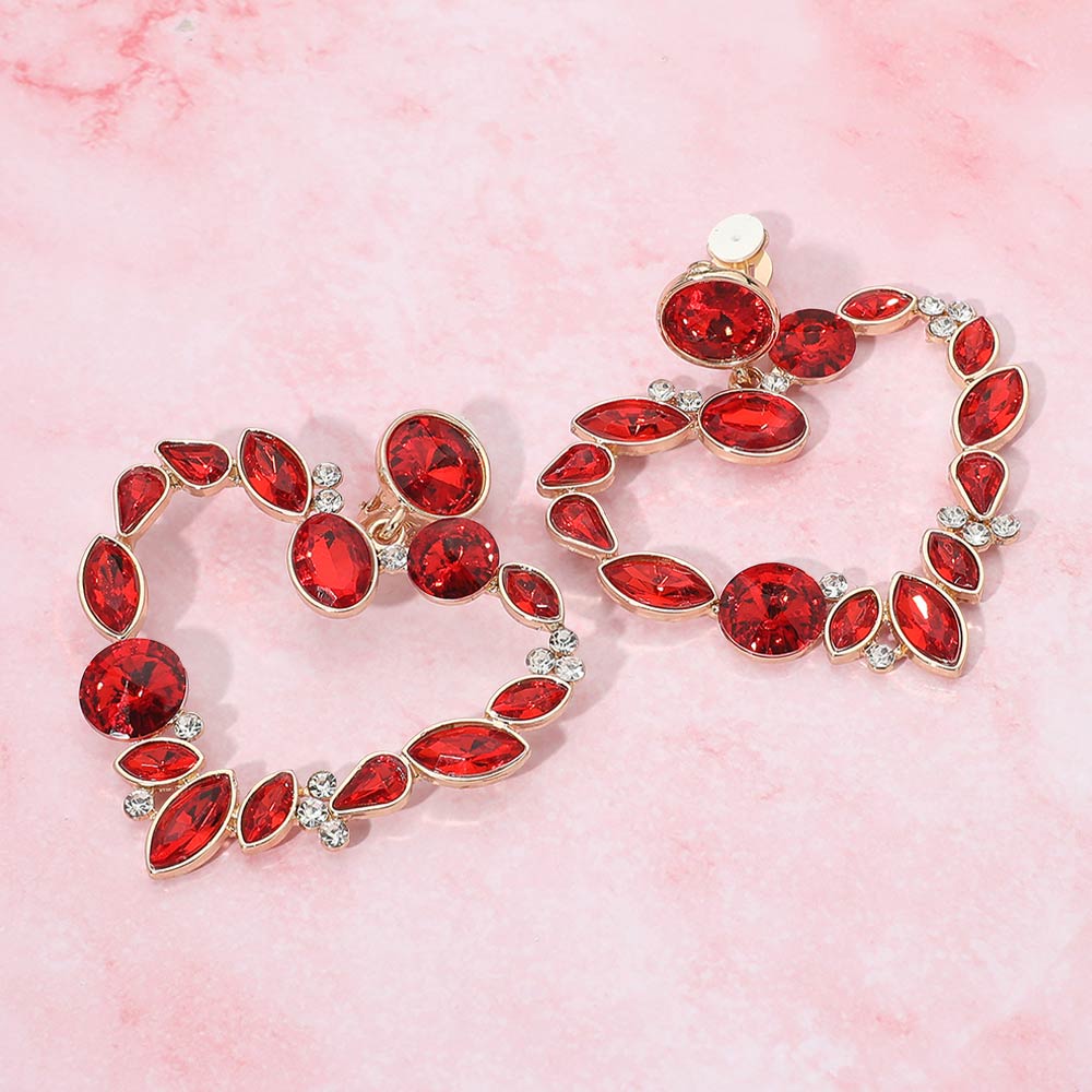 Oval Marquise Teardrop Stone Cluster Open Heart Drop Evening Statement Earrings
