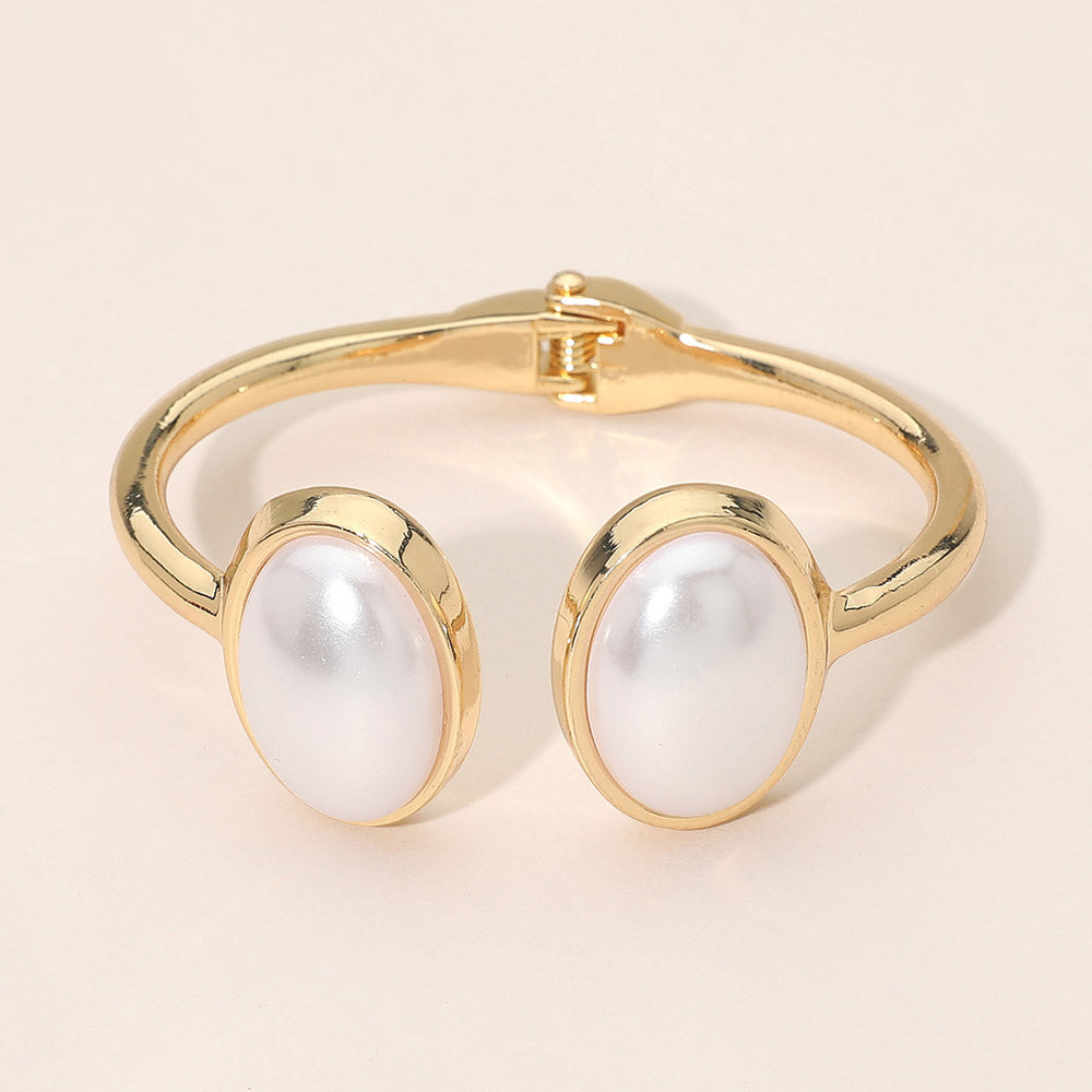 Oval Pearl Tip Accent Hinged Bangle Cuff Bracelet