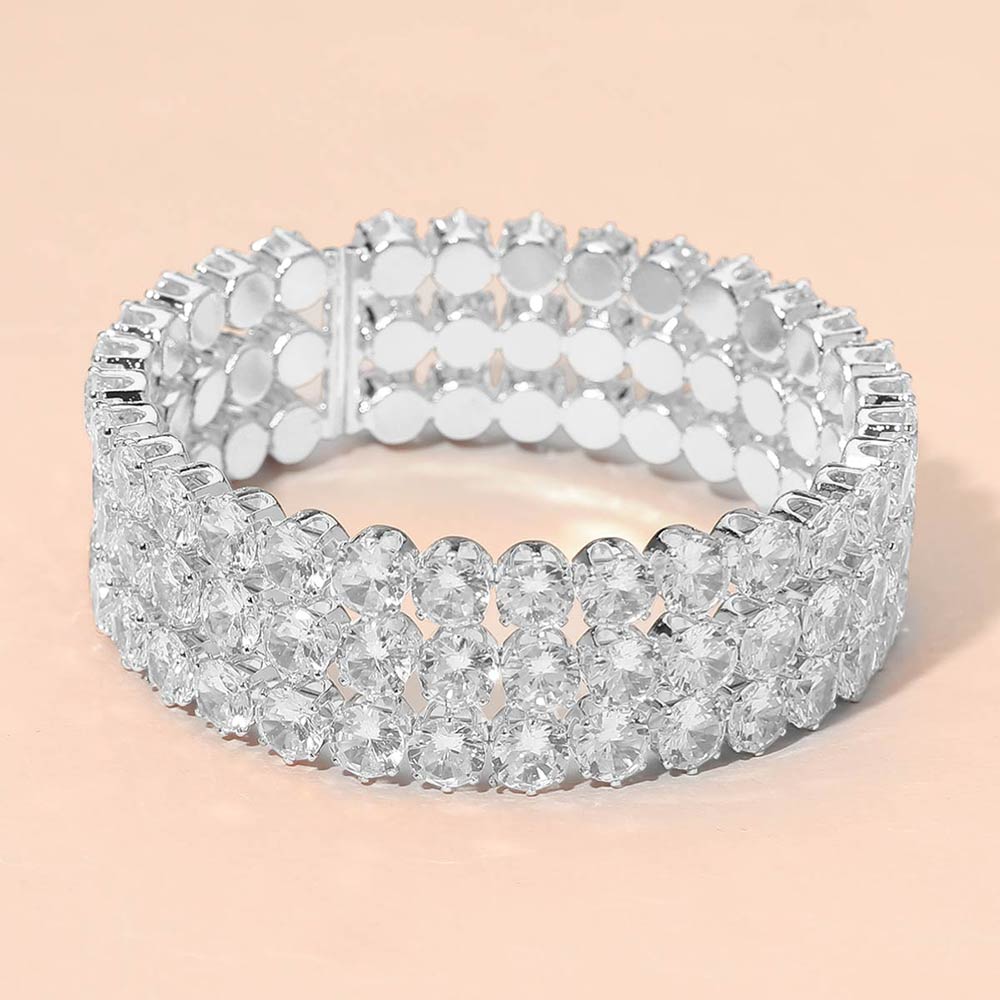 Triple Row Round Stone Cuff Bracelet