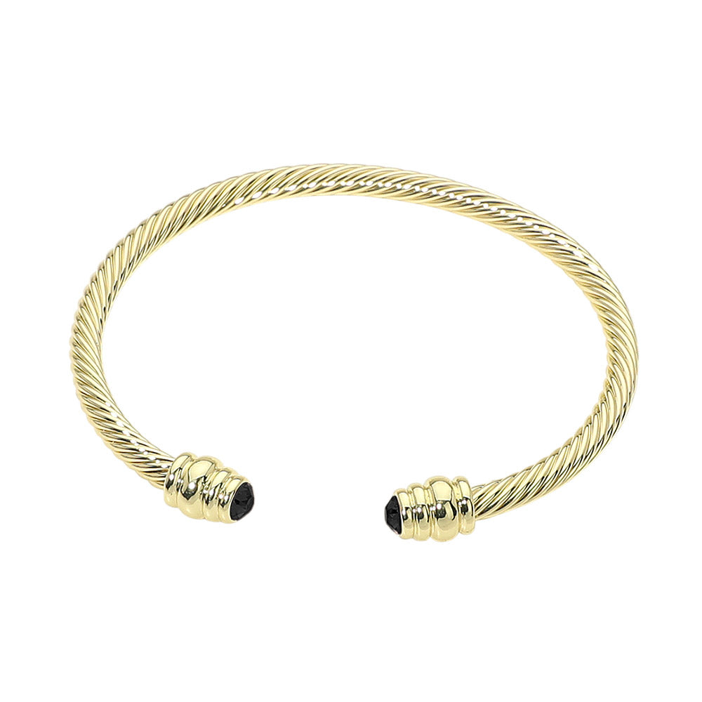 14K Gold Plated CZ Stone Tip Twisted Cable Cuff Bracelet