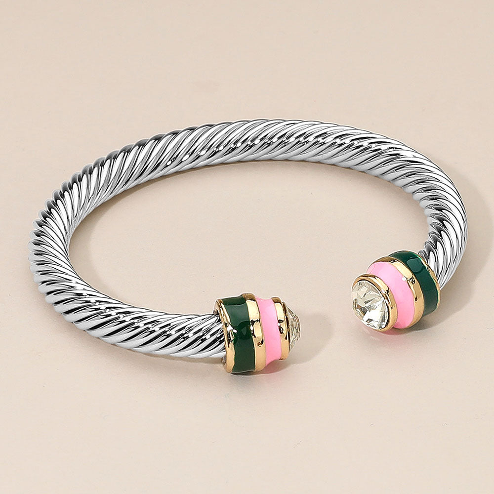 Stone Accent Two Tone Tip Twisted Cuff Bracelet
