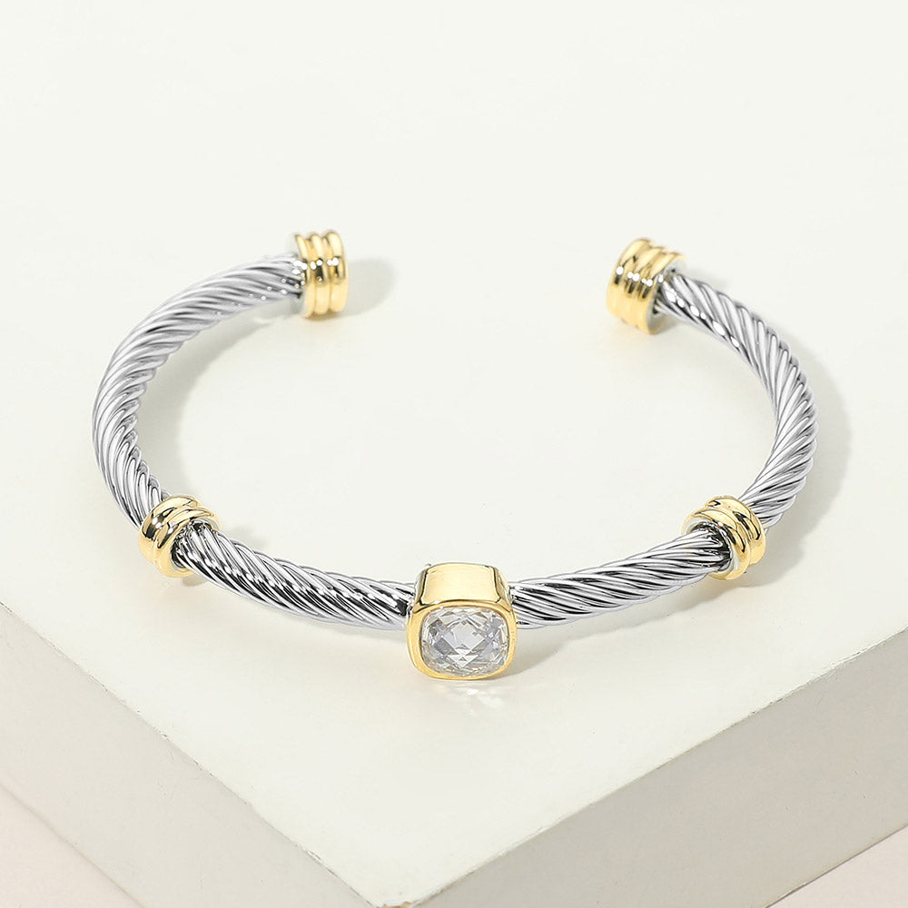 Square Stone Bezel Accent Two Tone Twisted Cable Cuff Bracelet