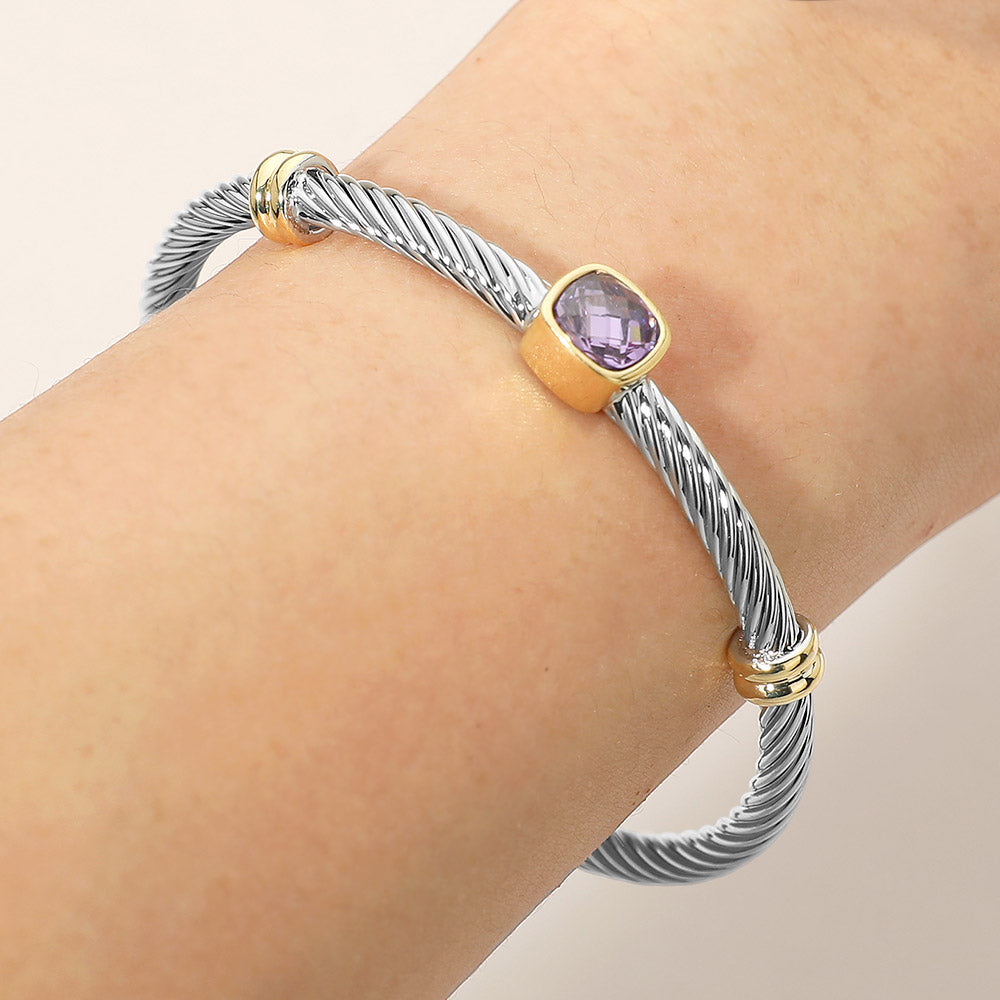 Square Stone Bezel Accent Two Tone Twisted Cable Cuff Bracelet