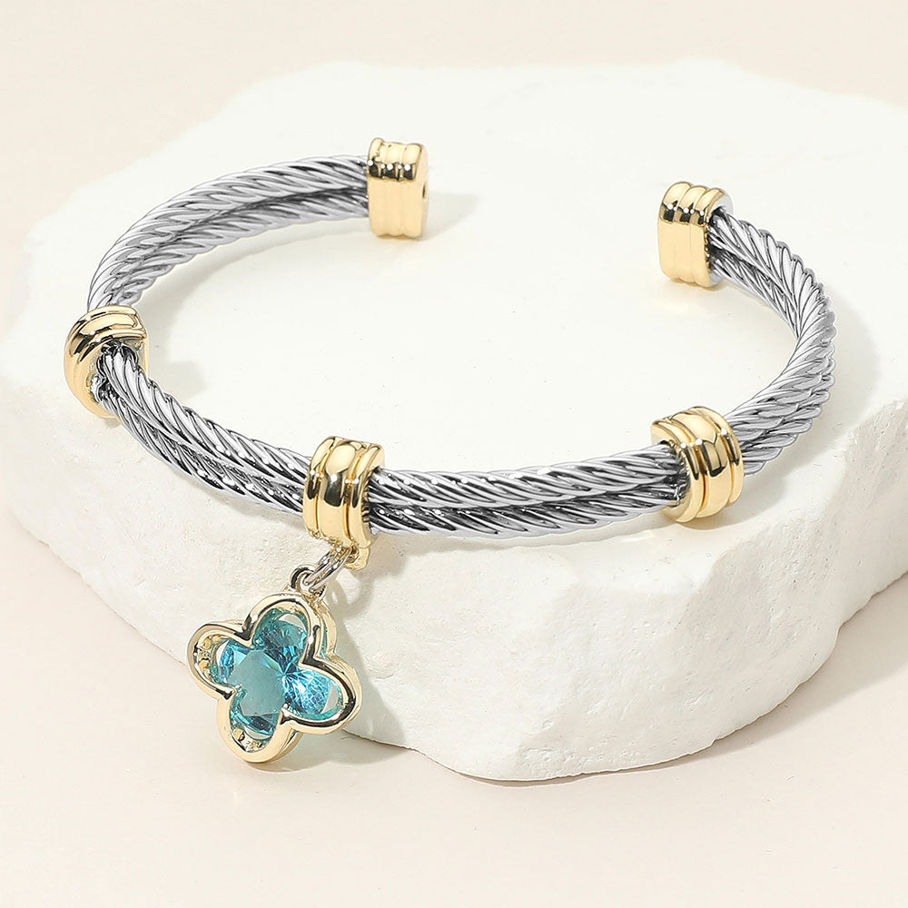 CZ Stone Quatrefoil Charm Dangle Cuff Bracelet