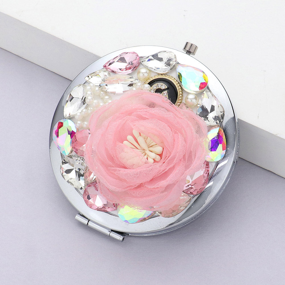 Floral Multi Bead Embellished Circle Compact Mirror