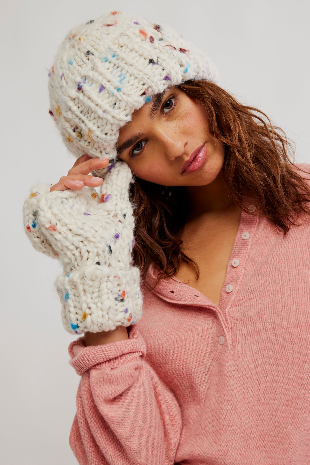 Free People Speckled Hat and Mitten Set in Ivory