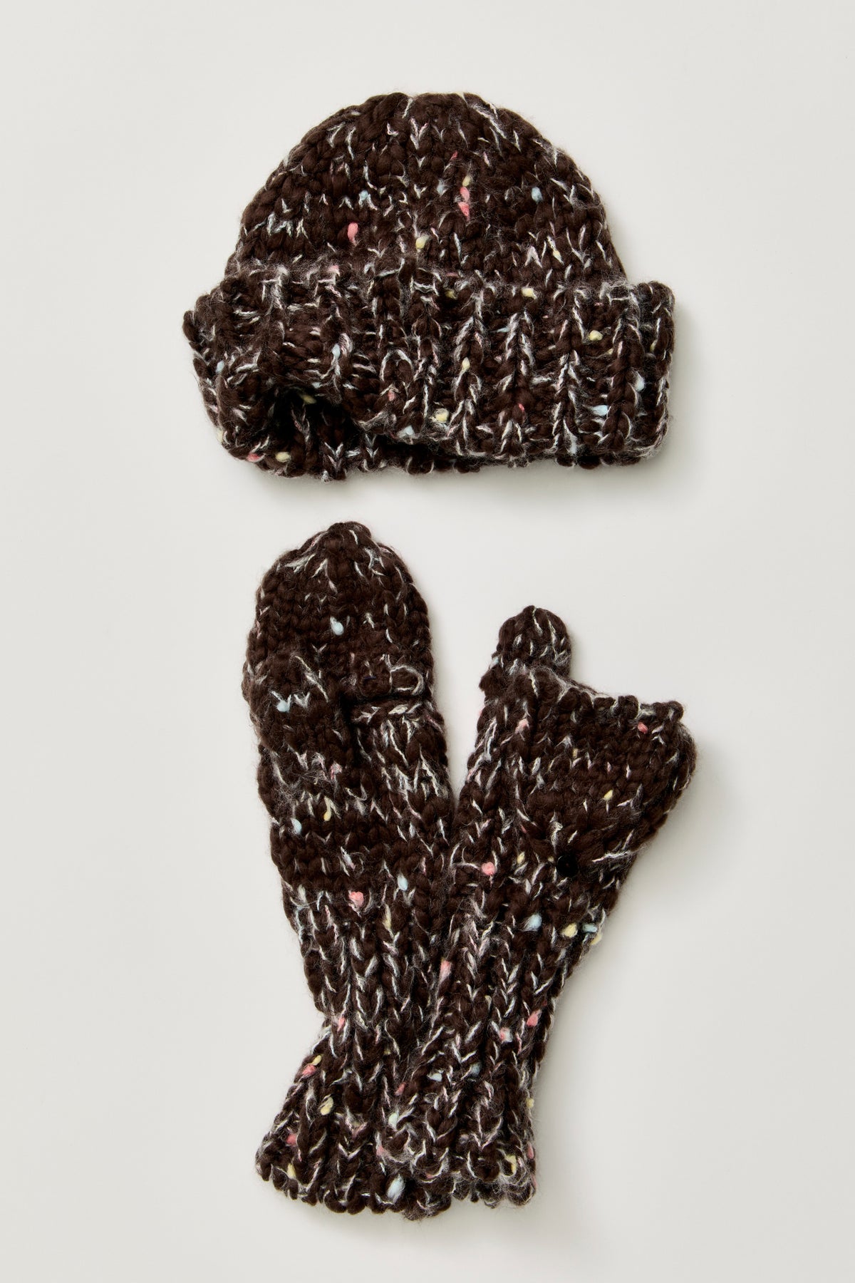 Free People Speckled Hat and Mitten Set in Chocolate