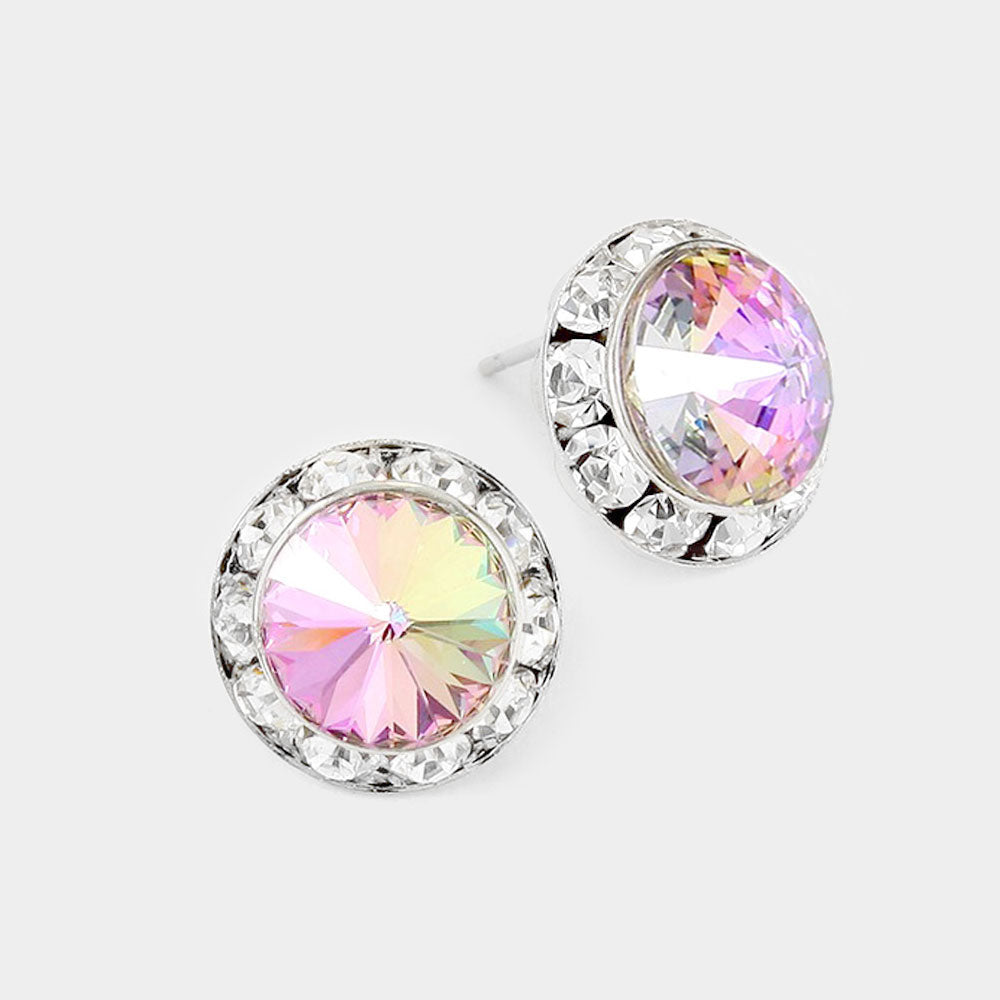 Women's Rivoli Cut Genuine Crystal Round Stud Earrings