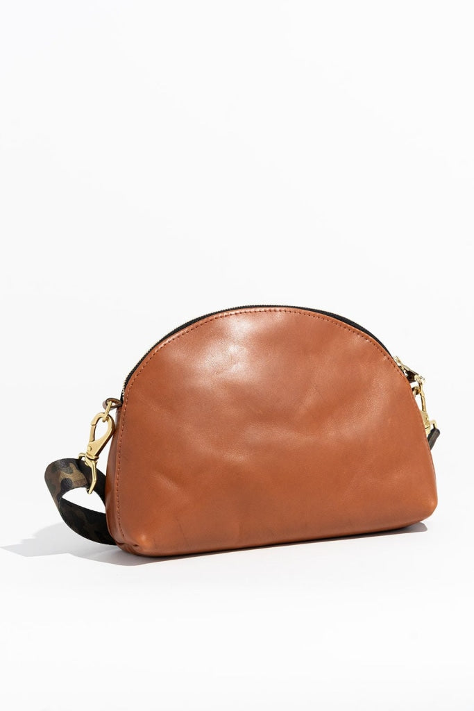 Hopper | Riveter Tan Leather Crossbody Bag with Camo Webbed Strap