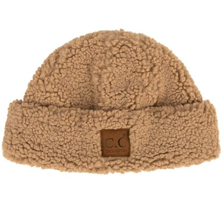 C.C Women's Sherpa Cuff Beanie with Suede Logo