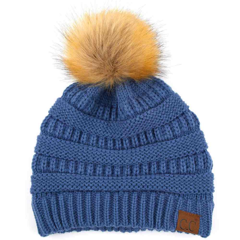 C.C Solid Ribbed Knit Beanie with Pom