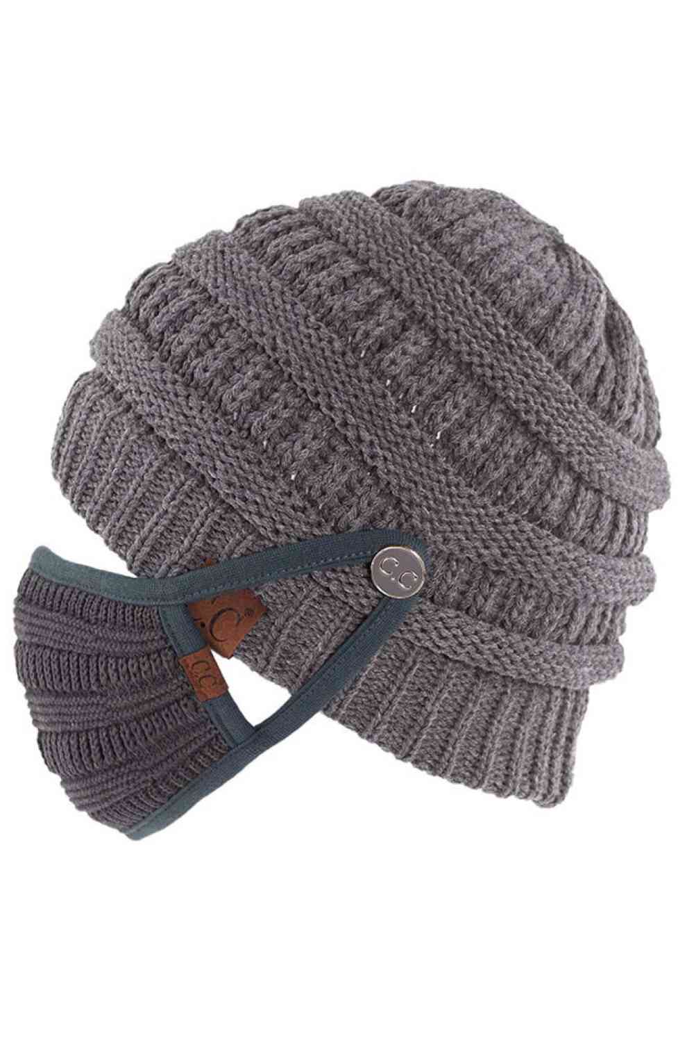 C.C Ribbed Knit Beanie With Mask Button