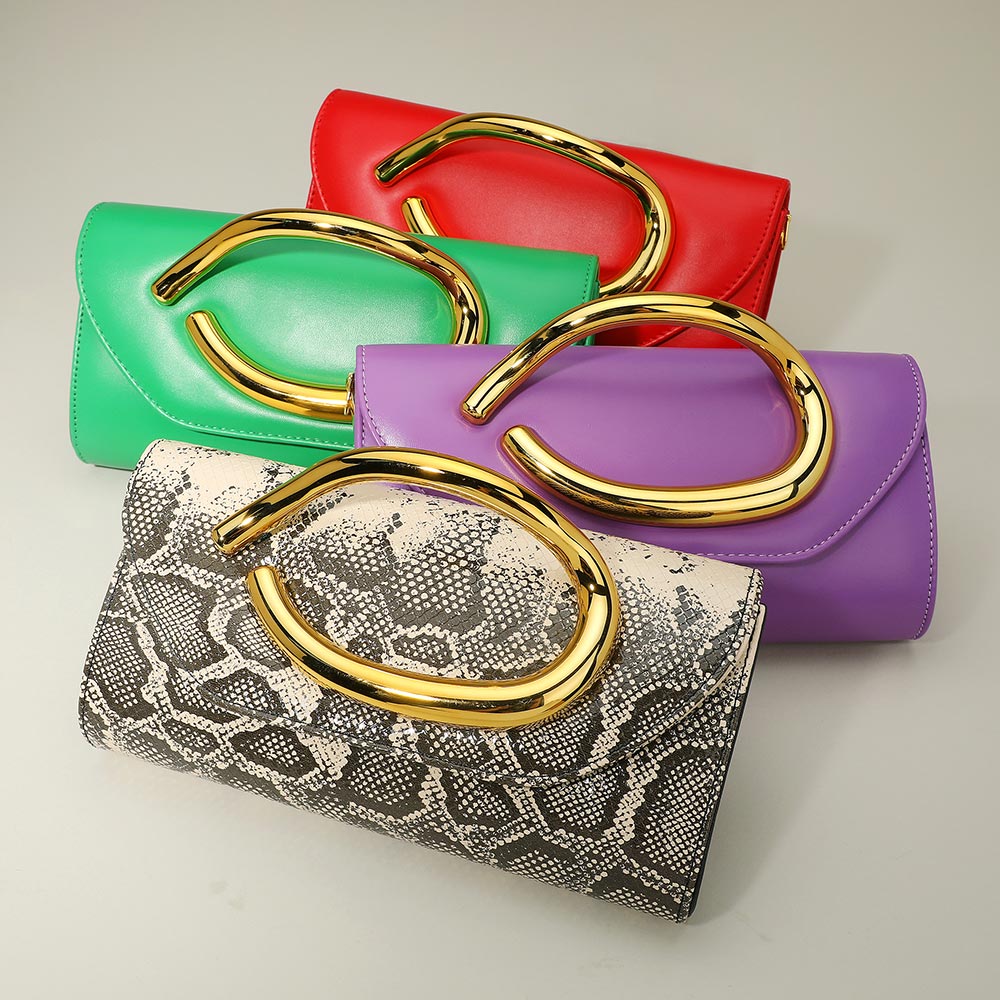 Bold Hardware Accent Snake Pattern Faux Leather Evening Clutch Bag Crossbody Bag