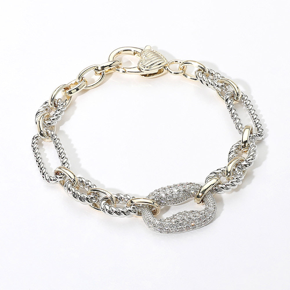 14K Gold Plated CZ Stone Paved Link Pointed Two Tone Bracelet