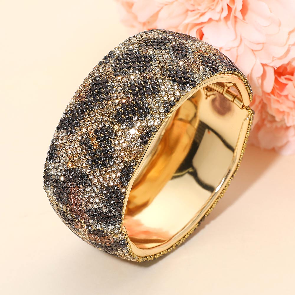 Wide Rhinestone Paved Leopard Hinged Evening Bangle Bracelet