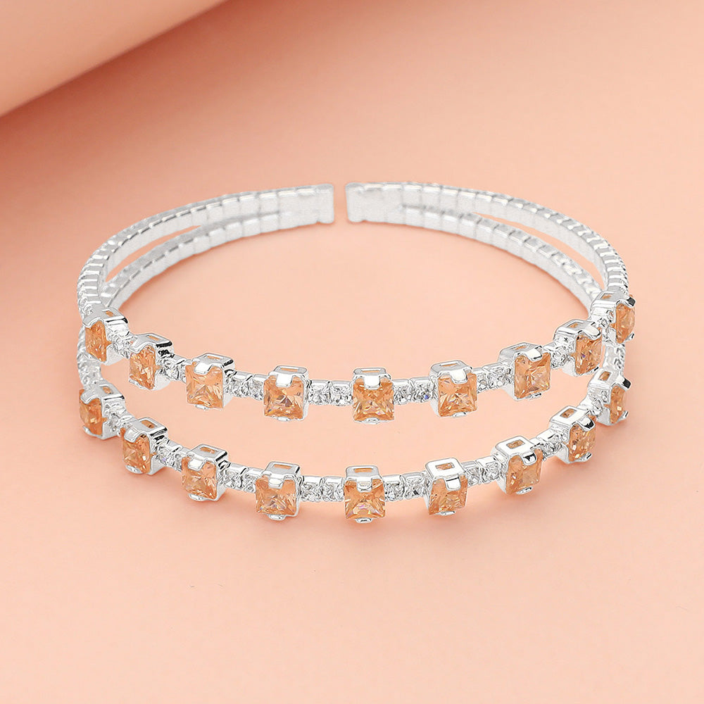 Square CZ Stone Cluster Accented Split Adjustable Evening Bracelet
