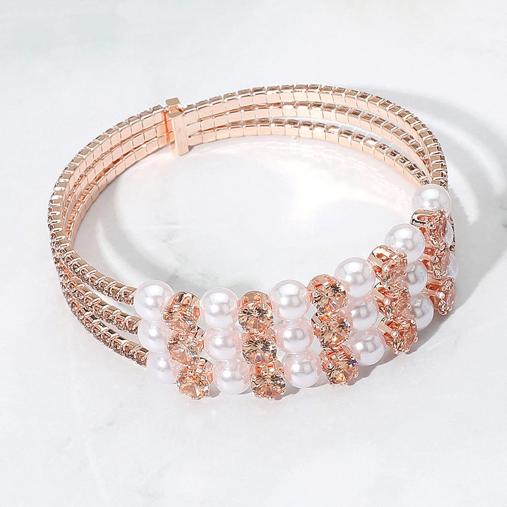 Pearl Stone Bezel Point Rhinestone Paved Split Adjustable Evening Bracelet