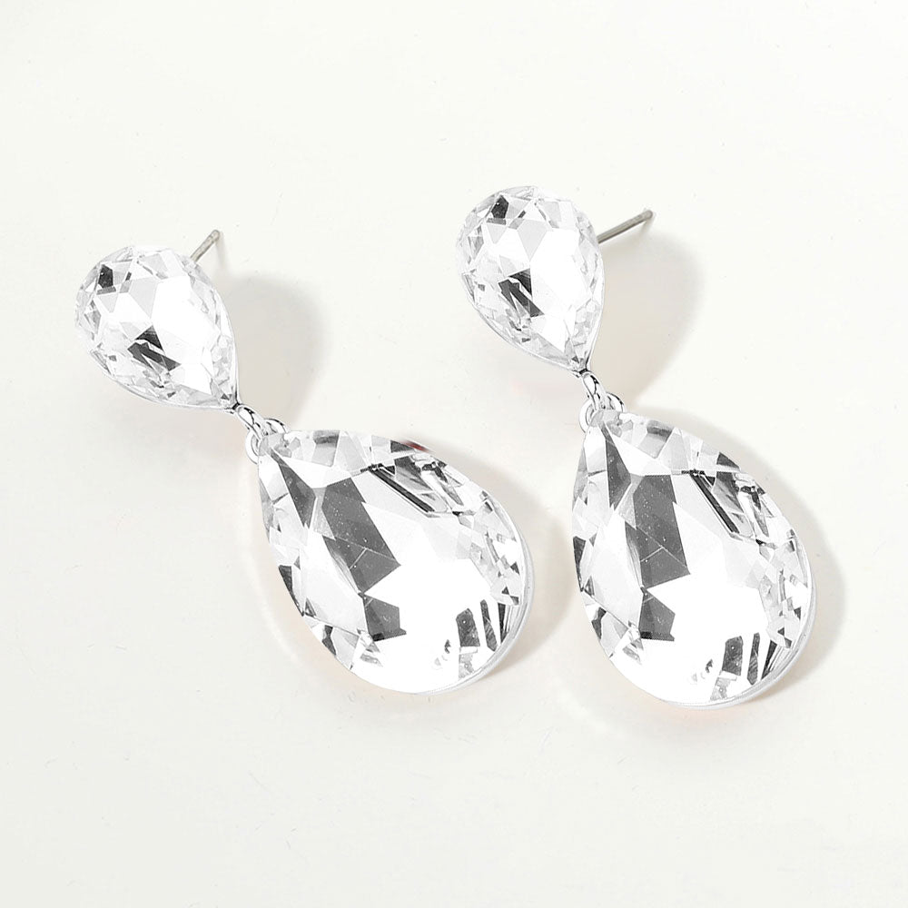 Glass crystal double teardrop evening earrings