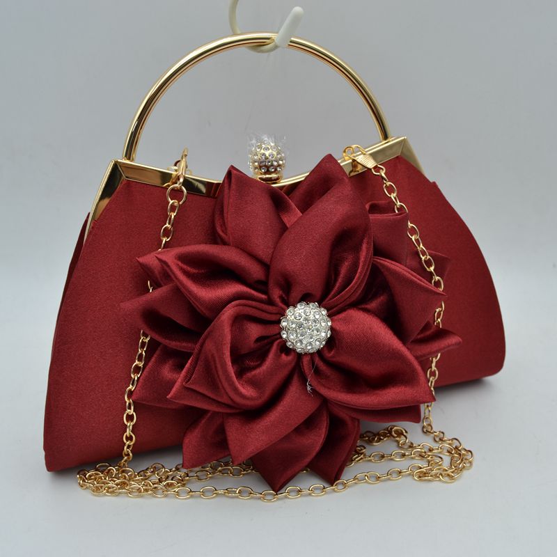 Evening Clutch Bag with Large Fabric Flower and Metal Top Handle