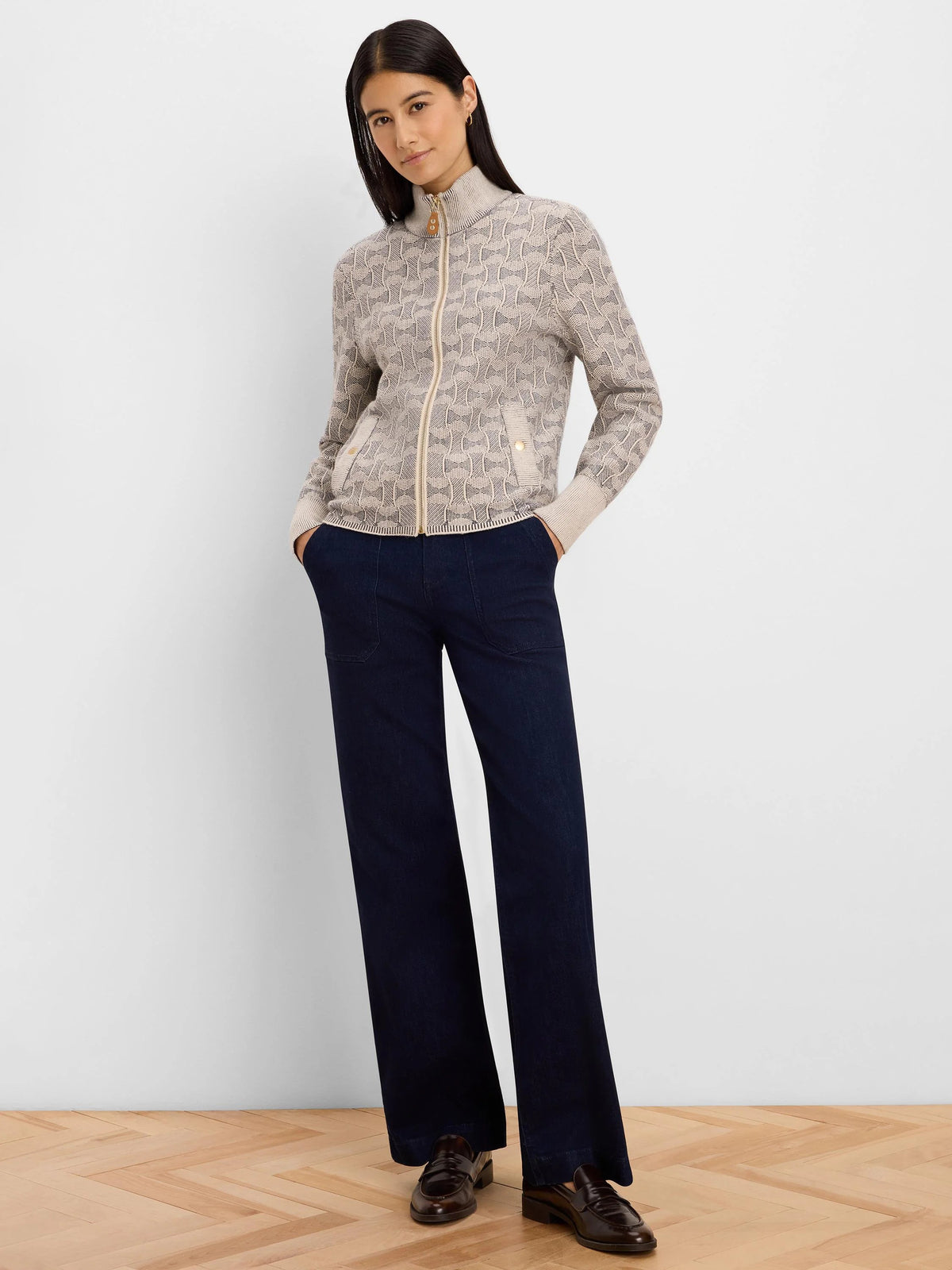 Dapper Swirl Knit Jacket with gold zip, stand collar and snap pockets