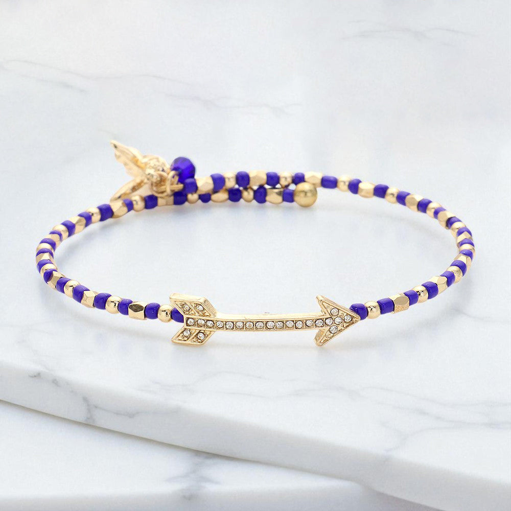 Stone Paved Arrow Pointed Cupid Charm Beaded Adjustable Bracelet