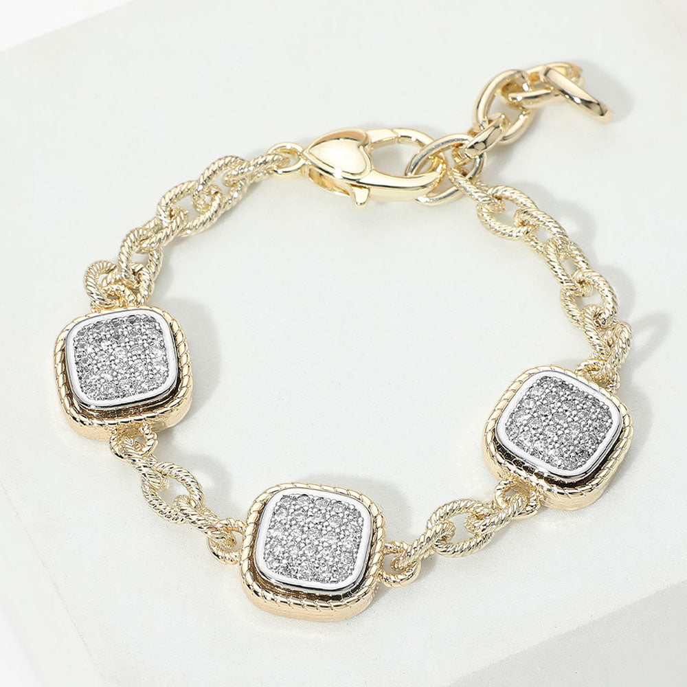 14K Gold Plated Two Tone CZ Pave Square Charm Link Bracelet