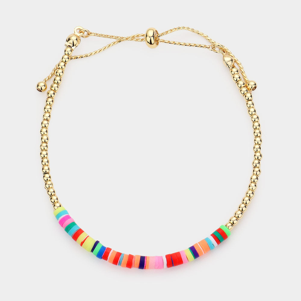 Heishe Beaded Metal Ball Beaded Adjustable Cinch Pull Tie Bracelet