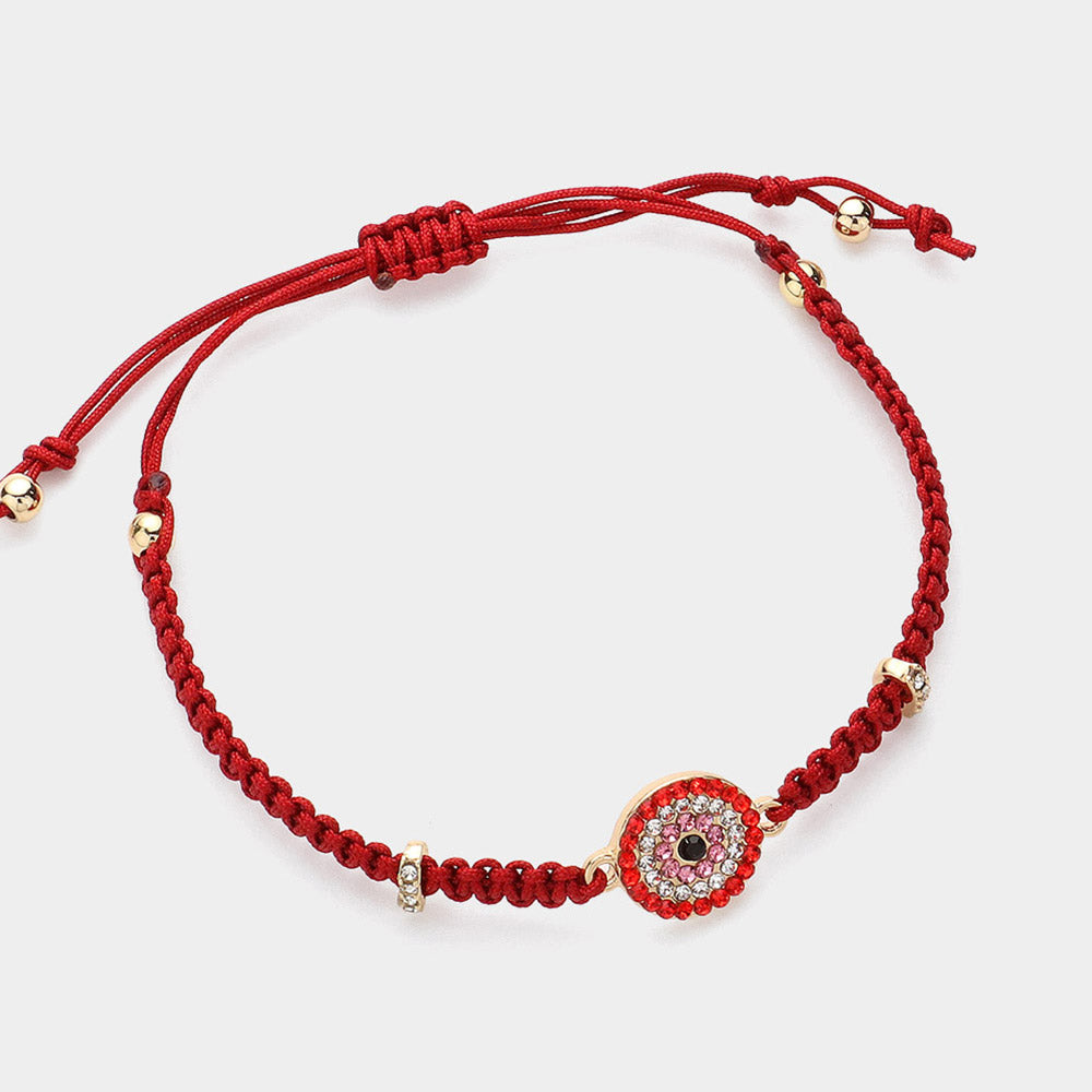 Stone Paved Evil Eye Pointed Braided Adjustable Cinch Pull Tie Bracelet