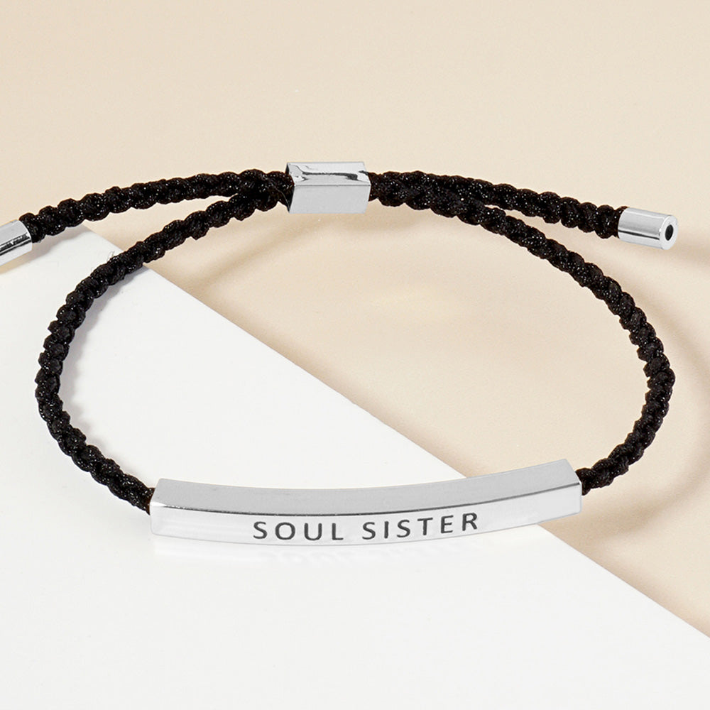 White Gold Dipped SOUL SISTER Message Bar Pointed Rope Adjustable Bracelet