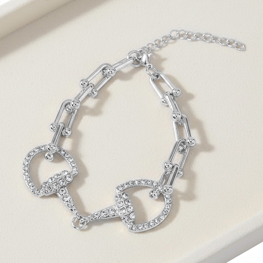 Rhodium Plated Hypoallergenic Rhinestone Pave Horsebit Accent Industrial Link Chain Bracelet
