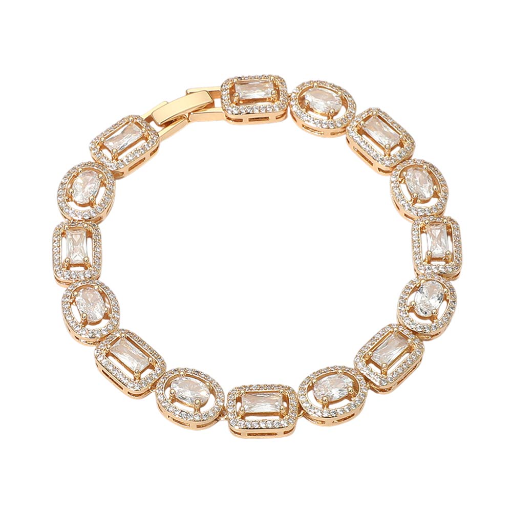 14K Gold Plated Mixed Cut Halo CZ Link Tennis Bracelet