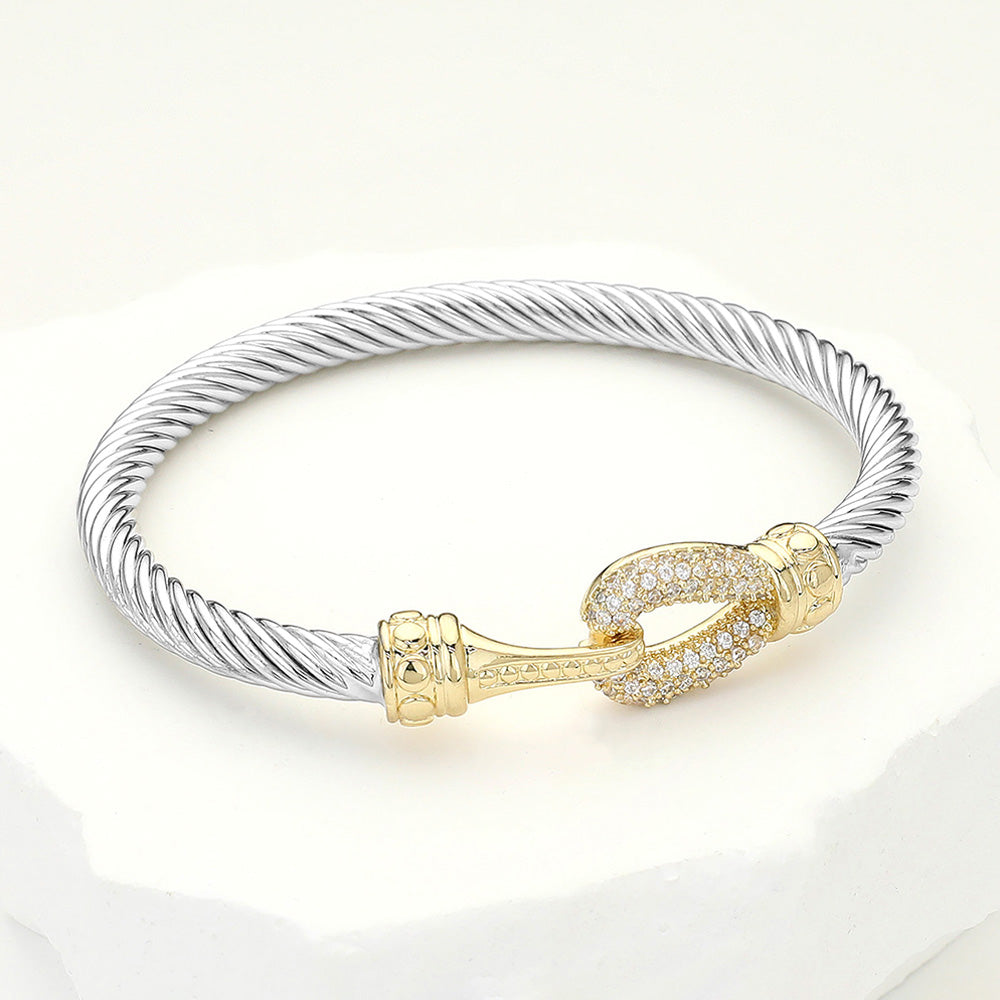 CZ Stone Paved Hook Pointed Twisted Metal Bangle Bracelet
